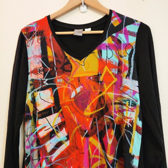 Simply Art by Dolcezza Top Multi Color Abstract Tunic Long Sleeve Women L Artsy - Picture 3 of 12